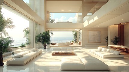 Fototapeta premium Spacious open living room in a modern home overlooking the ocean view images