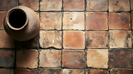 A rustic clay pot rests on a textured tiled floor, evoking a warm, earthy ambiance.