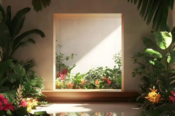 A serene indoor space with a large window showcasing vibrant plants and flowers.