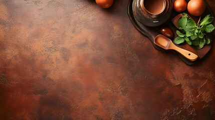 A warm, inviting scene featuring chocolate, eggs, and mint on a rustic surface.