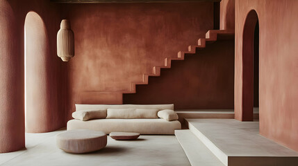 A minimalist interior featuring earthy tones, a sofa, and sculptural stairs.