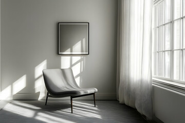 A minimalist room with a chair, window, and empty frame, emphasizing light and space.