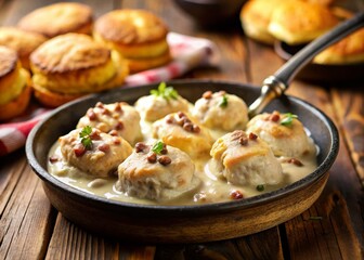 Tilt-Shift Photography: Black Skillet Biscuits and Gravy - Delicious Southern Breakfast Food