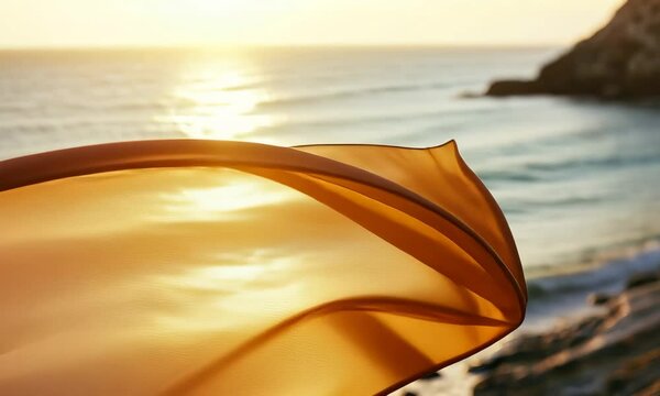 Mocha mousse silk scarf fluttering in the wind, elegant and luxurious.
