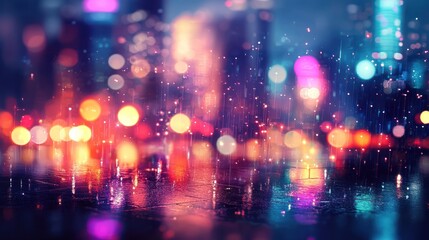 Fototapeta premium Rainy Night Cityscape: Vibrant Lights Reflecting on Wet Streets