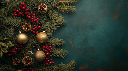 A cheerful Christmas composition featuring lush fir tree branches adorned with bright red and gold ornaments, pinecones, and delicate ribbons, perfect for holiday cards, posters, and decorations.