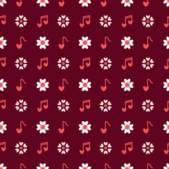 Floral and Musical Heart Pattern on Burgundy Background Valentines Day seamless pattern Square vector backdrop, wedding, packaging, wrapping paper, wallpaper, fabric, textile, holiday template