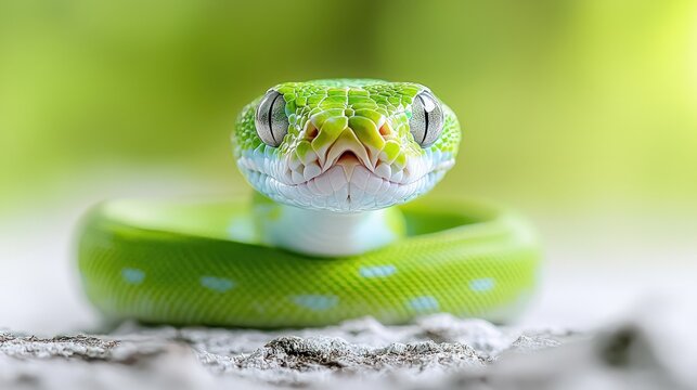 Close-up of a green tree python, coiled and facing the camera.