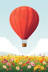 Fototapeta premium illustration of a red hot air balloon flying over a field of flowers