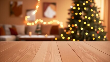 Empty wooden table in front of blurred winter holiday background