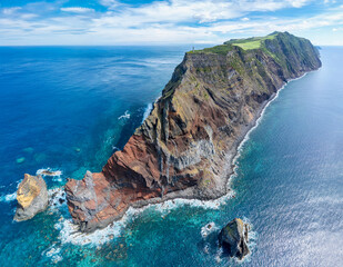 Aerial panoramic view of Lighthouse Farol dos Rosais at West Cape of Sao Jorge Island (Azores,...