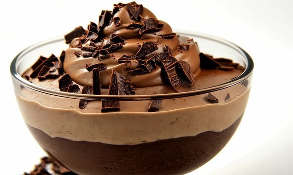 Velvety mocha mousse dessert in a glass bowl, garnished with chocolate shavings. 