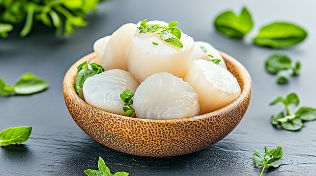 A high-detail image of fresh raw scallops in a wooden bowl, surrounded by herbs.