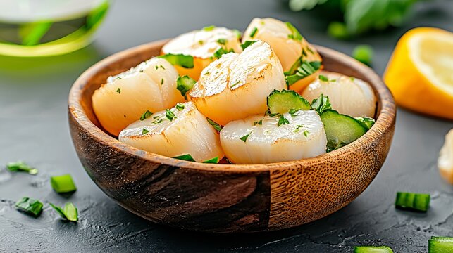 A high-detail image of fresh raw scallops in a wooden bowl, surrounded by herbs.
