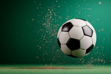 Fototapeta premium A 3D-rendered soccer ball on a dynamic green field, with the motion of a powerful kick frozen in time