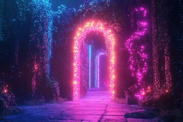 Fototapeta premium Neon Lit Archway Pathway Through Futuristic Garden