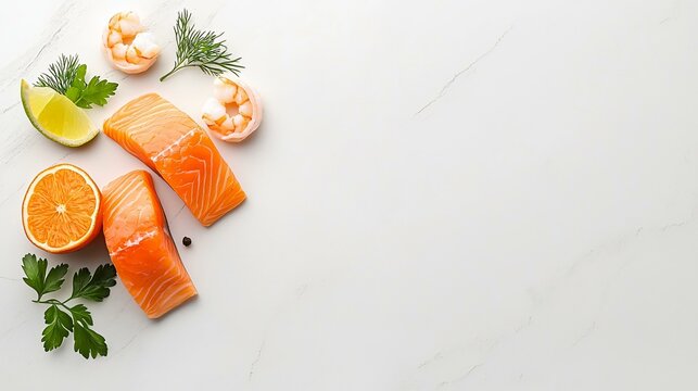 A sleek presentation of raw salmon and shrimp on a marble countertop with garnish.