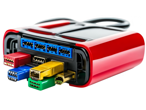 Red Tech Device with Colorful Connectors