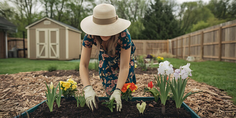  of a woman with a green thumb gardening and planting flowers in her spring garden