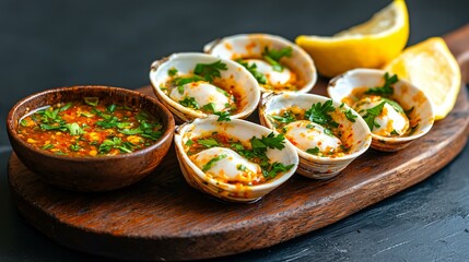 Fresh raw clams on a rustic board, paired with lemon wedges and parsley for garnish.