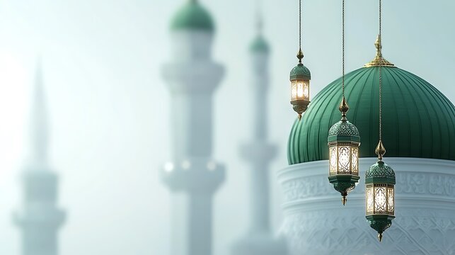Elegant Lanterns Hanging Near a Mosque Dome
