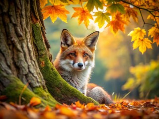 Naklejka premium Tranquil Autumn Fox Linocut: Falling Leaves, Peaceful Forest Scene