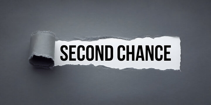 A minimalist design featuring a torn paper headline that says "Second Chance"