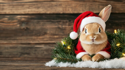 Rabbit Santa concept. Fluffy rabbit in Santa outfit surrounded by festive greenery and lights