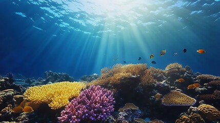 Naklejka premium Underwater coral reef with sun rays.