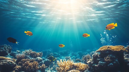 Fototapeta na wymiar Sunlit coral reef with swimming fish.