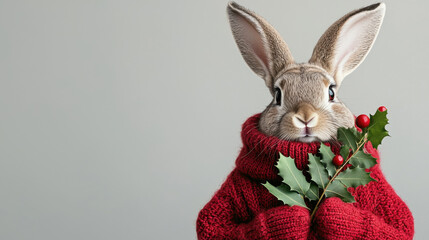Obraz premium Rabbit Santa concept. rabbit in red sweater holds mistletoe, spreading holiday cheer