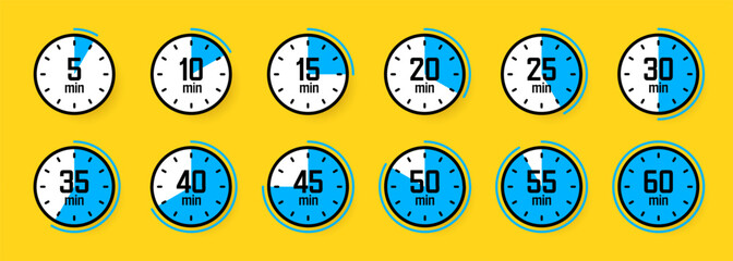Stopwatch icons. Colorful simple chronometer, time counter with dial. Countdown timer showing hours and minutes. Deadline, measurement for sport. Cooking time label, sticker. Vector illustration
