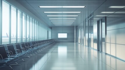 Fototapeta premium Modern airport terminal hallway with seating and large windows.