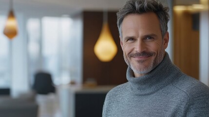 Smiling mature man in grey turtleneck sweater. Ideal for business, success, and mature male concepts.