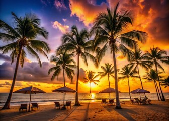 Tropical Beach Sunset Night Photography: Palm Trees, Sunsets, Umbrellas, Ocean, Paradise