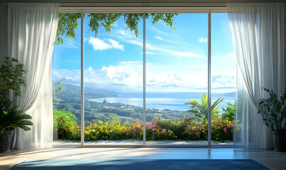 A serene view through large glass doors showcasing a vibrant landscape and tranquil water.