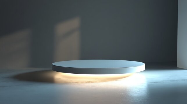 A modern, minimalistic display platform with soft lighting, perfect for showcasing products or art installations.