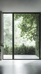 A modern window view showcasing lush greenery and a serene outdoor space.