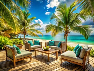 Fototapeta premium Tropical Getaway: Luxury Beach Resort Seating, Ocean View, Paradise Vacation