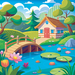 Fototapeta premium House by a pond with a bridge