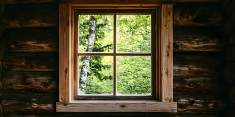 A rustic wooden window framing a lush green landscape outside.