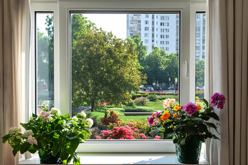 A bright window view showcasing colorful flowers and a lush garden outside.