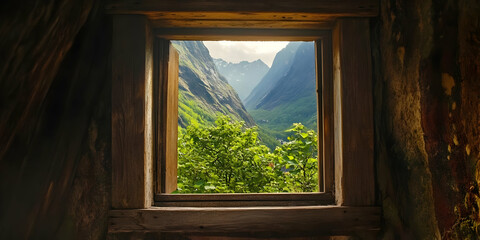 A scenic view through a wooden window frame showcasing mountains and lush greenery.