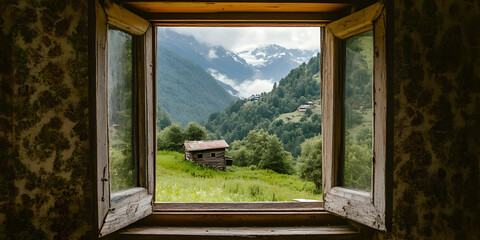 A scenic view through an open window showcasing a mountainous landscape and a rustic cabin.