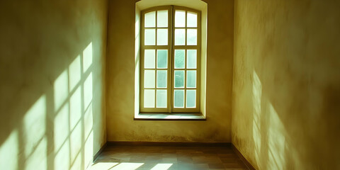A sunlit room with a large window casting shadows on the floor.