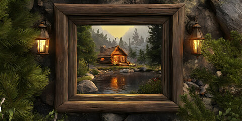 A picturesque cabin by a serene lake, framed by nature and warm lighting.