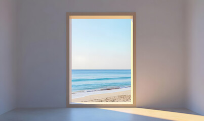A serene beach view framed by a window, evoking tranquility and escape.