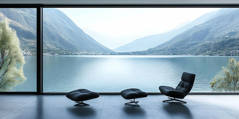 Modern lounge chair by a large window overlooking a serene lake and mountains.