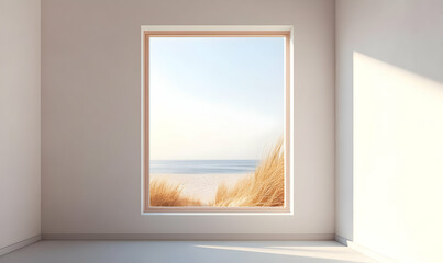 A serene view from a minimalist room showcasing a beach landscape through a large window.