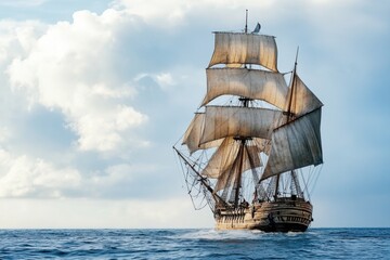 Historic tall ship with billowing sails sailing through open waters coastal horizon seascape photography tranquil marine environment dramatic sky maritime adventure